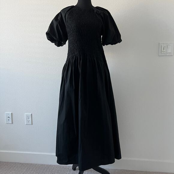 J Crew Meadow Dress In Cotton Poplin Midi Size Small Black Smocked Top - Picture 1 of 11
